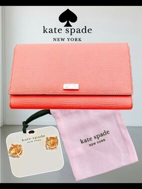 Kate Spade XLarge Trifold Wallet + Rose Gold Peach Crystal Gumdrop Earrings New
